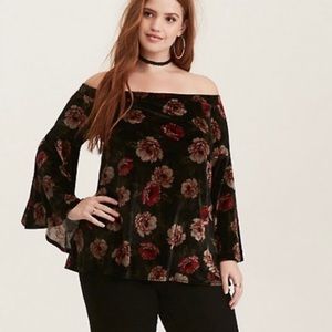 Torrid Floral Velvet Off Shoulder Bell Sleeve Top
